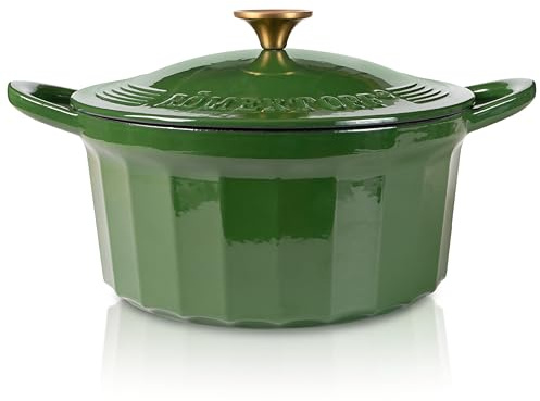 Romersk gryta gjutjärnsgryta med lock 24 cm – gryta emaljbeläggning, alla typer av spisar inklusive induktion, ugnssäker 250 °C, brödbakning stekning, PFAS-fri, grön