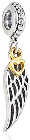 Ciondolo charm ala di angelo custode in argento sterling 925 genuino, perla pendente con piuma adatta per braccialetti in stile europeo (ali d'angelo pendenti con charm cuore dorato)