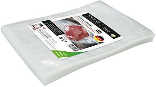 CASO Sachets à bords scellés 20 x 30 cm, 90 mμ, 100 pièces, exclusivement pour les appareils à cloche, surface lisse, soudure stable, sans BPA, Sous Vide, Made in Germany