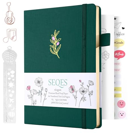 SeQeS A5 Bullet Dotted Journal Notebook | 160gsm Thick Bleedproof Paper, Lay Flat Binding, 160 Numbered Pages | Hard Cover Dot Grid Notebook/Bullet Journals for Creatives & Professionals-olive