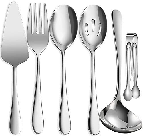 IAXSEE 6 PCS Stainless Steel Serving Utensils, Large Serving Spoons Slotted Spoons, Forks, Ice Suger Tongs, Cake Server, Soup Ladle, Metal Utensils Set Great for Buffet Catering Banquet Party, Silver
