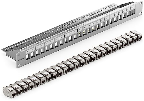 deleyCON 24 Porto CAT7 Pannello Patch SET Campo Delle Patch Campo di Distribuzione Modulare 1 IU 19 Pollici Montaggio Rack + 24x CAT 7 Keystone Moduli RJ45 10 Gbit/s 600 MHz Cavi di Posa Grigio