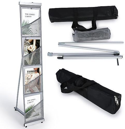 Outus 1 Pcs literature stand magazine display rack with 4 Pocket, Portable Roll up Mesh Foldable trade show display with Carrying Bag, Lightweight Magazine Rack Floor Standing for Exhibition Office