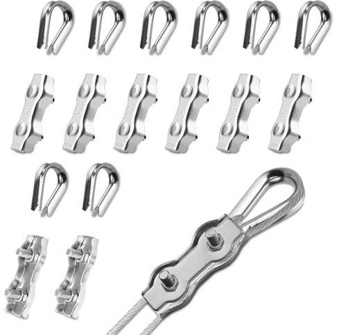 PuretéavHom 16 Stück M5 Drahtseilklemmen Set mit 8 Stück Seilklemme 5mm & 8 Stück Drahtseil Kauschen 5mm Edelstahl 304 Duplex Klemme Drahtseil Clip für Stahlseil 5mm Wäscheleine Markise Fixiert