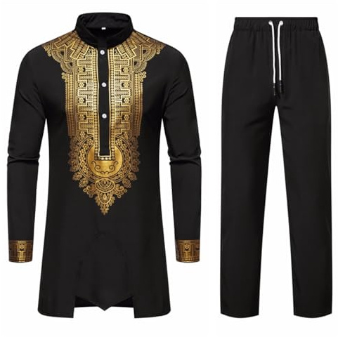Darringls Dashiki africano per uomini in abiti da cerimonia con ricamo in oro, set di camicia e pantaloni, set di 2 pezzi in metallo, abito tradizionale stampato tribale africano con timbro dorato