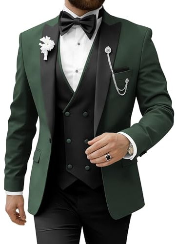 TUXBURNTXZ Men Suits for Wedding Green and Black Slim Fit 3 Piece Suit Double Breasted M