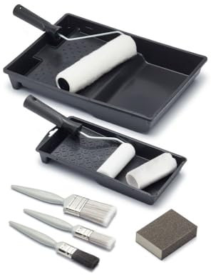 Essential Walls & Ceilings 11-Piece Decorating Set, 9-inch & 4-inch Roller Tray, 9’’ & 4’’ Roller Frame, 9’’ & 4’’ Emulsion Roller Sleeve, 4-inch Gloss Sleeve, Sanding Block, 3 Paint Brushes