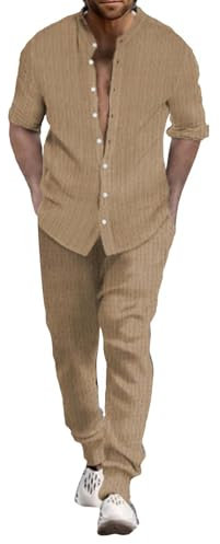 Junger Herrenanzug Slim Fit Herren Sommer Atmungsaktiv Zwei gerollte Ärmel Hemd Hose Set Herren Sportbekleidung Herren Zweiteilige Sportbekleidung, khaki, M