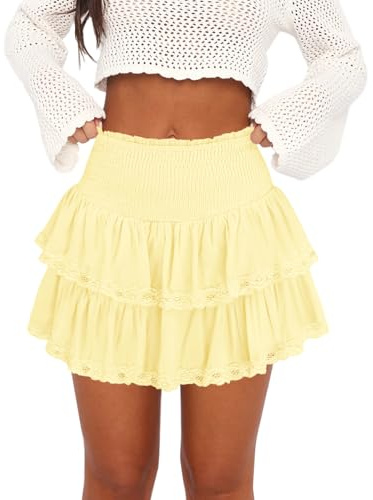 Pungdra Mini jupe décontractée à volants pour femme, style bohème, taille haute, volants fluides, style bohème