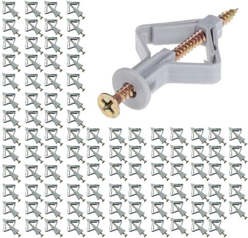 100 Stück Hohlraumdübel, Butterfly Hohlraumdübel, Trockenbaudübel, Rigips Dübel mit Schrauben, Gipskartondübel Set, Hohlraumdübel, für Gipskarton Gipsfaserplatten Hohlwand, Grau, Mit Schrauben