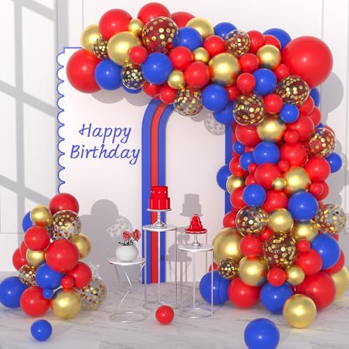 Red Blue Gold Balloon Garland Arch Kit, 142PCS Red Royal Blue Metallic Gold Confetti Balloons for Spider Hedgehog Birthday Football Baby Shower Video Game Patriot Patriot Veterans Day Party Decoration