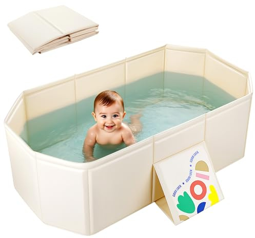 Jellybibo Bañera plegable para niños, portátil con tapón de drenaje y base antideslizante, grande para viajes familiares, beige