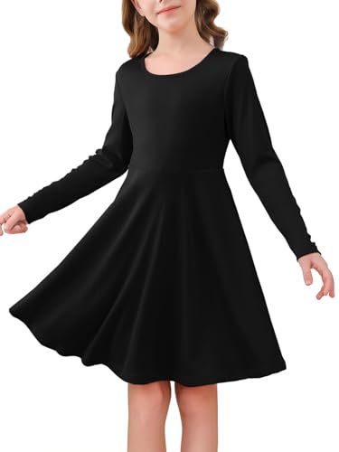 Haloumoning Robe midi trapèze à manches longues pour fille | Doux, basique, uni, col rond, ourlet fluide, couleur unie, école, anniversaire, fête, décontracté, enfants, 5-14 ans