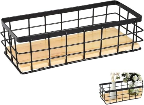 SZKKQKJ Drahtkorb,Metallkorb,Dekokörbe Haushalt Wandkorb Metall Badezimmer Aufbewahrungskorb Korb Metall Abnehmbarer Holzsockel für Obst Snacks Küche Speisekammer(1 Stück),Schwarz