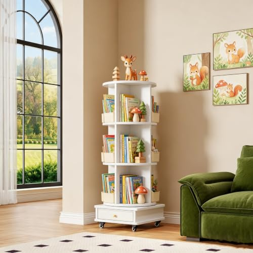Ztexkee Scaffale girevole a 3 ripiani, girevole a 360° Libreria mobile con 4 ruote Scaffale con 1 cassetto per soggiorno, camera da letto, studio, ufficio, bianco