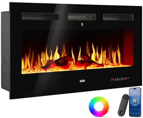 tectake® Cheminée électrique Murale 127 x 12 x 43 cm, 2 Niveaux de Chauffage 900 et 1800W, Cheminee Electrique Effet Flamme 3D, Télécommande, Application Mobile, Panneau Tactile, Cheminée Electrique