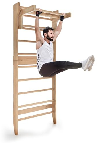 HOMASIS Espaldera de Gimnasio de Madera, Barra Sueca con Travesaño Horizontal Extraíble, Barra para Dominadas de Fitness para Casa para Niños y Adultos, 80 x 48 x 195 cm