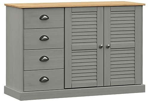 HETFTJN Aparador VIGO 113 x 40 x 75 cm, madera maciza de pino gris, aparador con cajones y puertas en diseño de persianas, armario auxiliar rústico para salón, pasillo y cocina