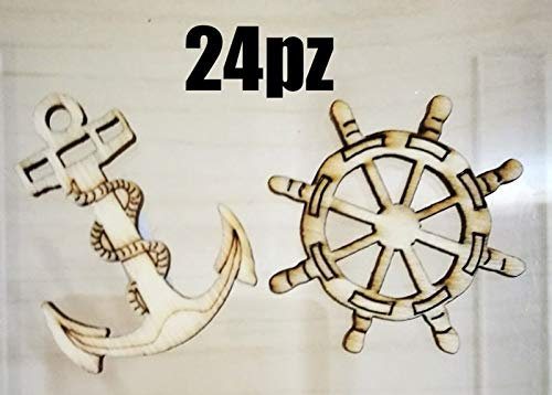24 PEZZI Ancora e timone in legno decorazione bomboniera