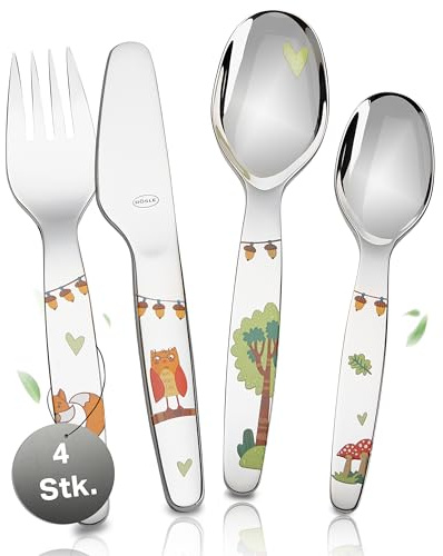 RÖSLE Kinderbesteck Waldfreunde – 4-teiliges Kinderbesteck ab 3 Jahre aus Edelstahl 18/10 – Spülmaschinengeeignet, Tolles Taufgeschenk für Mädchen und Jungen