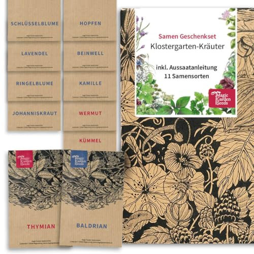 Magic Garden Seeds - Klostergarten-Kräuter Samen Geschenkset - Samen Geschenk Set mit 11 Heil- und Küchenkräutern - Ringelblume, Hopfen, Johanniskraut, Lavendel, Kamille, Baldrian uvm