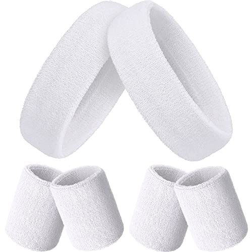 Bememo 6 Pieces Sweatbands Set 2 Sports Headbands and 4 Wristbands Striped Sweat Band for Men Women Colorful Neon Athletic Running Gym Basketball Tennis(White)