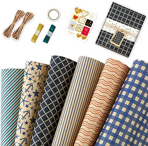 Geschenkpapier Set, 6 Stück Geschenkpapier Geburtstag Kraftpapier Geschenkpapier mit Schnur und Anhängern Weihnachtspapier für Geschenkverpackung Hochzeit Weihnachten Party Deko, 70x 50cm