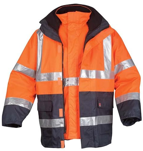 Ergos Cervin | Parka Haute-Visibilité Multirisque | Protection Contre Les Risques Intempéries & Du Froid | Manteau De Chantiers | Doublure amovible | Orangle Fluo/Marine | Du S au 5XL