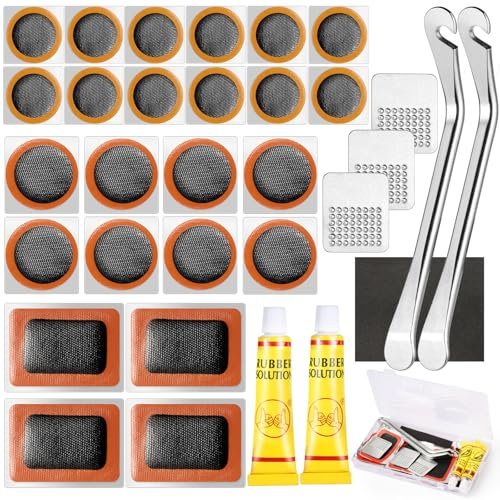 33Pcs Portable Cycling Tire Patch Set, Bicycle Tyre Repair Kit, Bike Puncture Repair Kit, Inner Tube Puncture Repair Kit with Levers Metal Rasps Glues Sandpaper Case for Commuter Bikes BMX Motorcycle