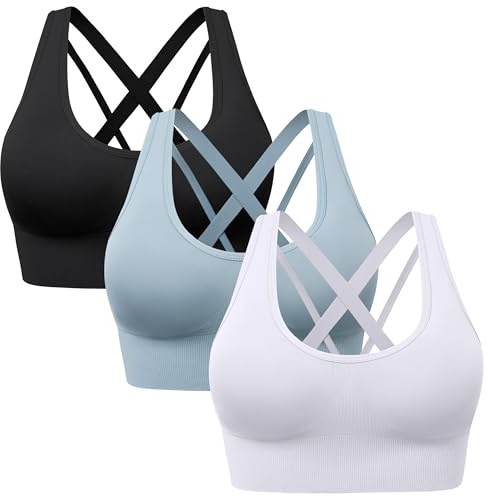 HBselect 3 Pack Comfort Strappy Sports Bras for Women UK with Removable Pads, Wireless Seamless Plus Size Sleep Bras for Girls in Yoga Bralette Running Leisure Crop Gym Stretch Tops Vest