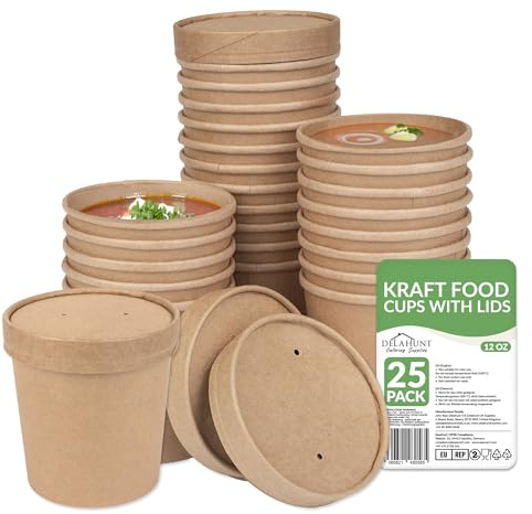 12oz (350ml) Kraft Soup Containers with Lids [25 Pack] - Leakproof Disposable Food Pots | Freezer & Microwave Safe Takeaway Containers, Soup Cups, Ice Cream Tubs for Hot Food & Desserts