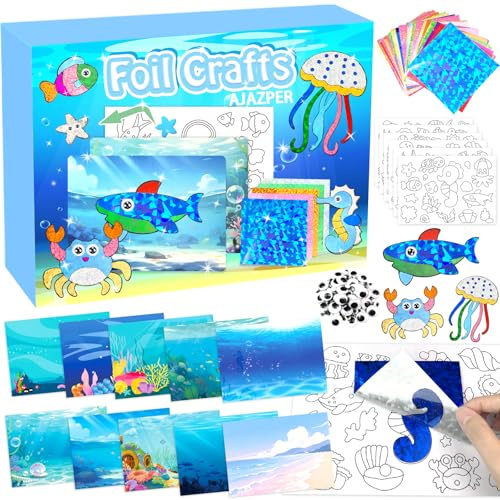 AJAZPER Kunst & Bastelaktivität, Folienspaß für Kinder, DIY Kreatives Aktivität Reisespielzeug, Bastelsets, Bastelkoffer Geschenk für Mädchen & Jungen ab 4 Jahren Geburtstag Weihnachten (Blau)