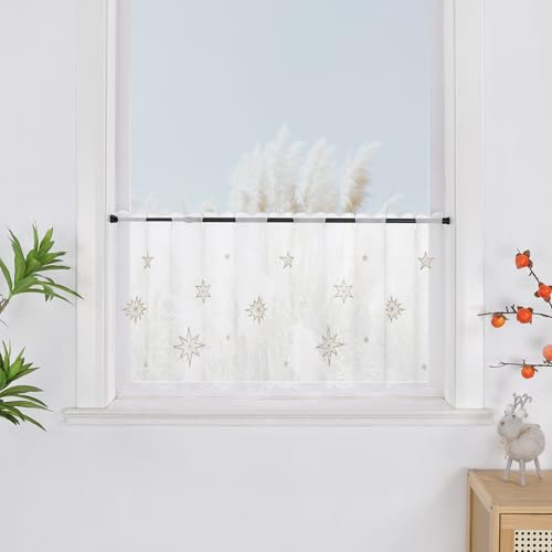 Yujiao Mao Weihnachtliche Scheibengardine mit Goldener Sternen-Stickerei Weihnachts Bistrogardine Festliche Fensterdeko für Küche Bad Tunnelzug Transparent Weiß H30xB90cm, 1 Stück