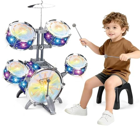 Kids Jazz Drum Set with Flashing Lights & Music – Interactive 5-Piece Drum Kit with Stool & Drumsticks, Early Musical Educational Toy for Boys and Girls