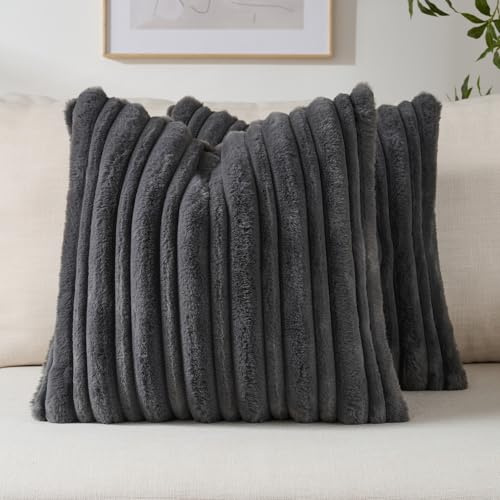 FUTEI Charcoal Decorative Cushion Covers 45x45 cm Set of 2,Soft Fluffy Faux Rabbit Fur Striped Textured Throw Pillow covers 18x18 Inch,Boho Home Decor for Sofa Bed Bedroom Living Room