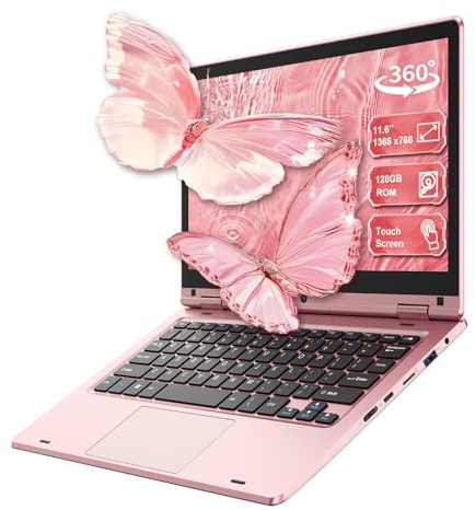 11,6'' Ordinateur Portable Tactile Pliable à 360°, Laptop Celeron N4020, 6Go RAM 128Go SSD, WiFi (2,4G/5G), Bluetooth, 1366 x 768 IPS, Webcam, PC Portable sur Mesure pour Les Professionnels - Rose