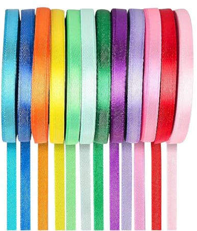 Ruban Satin Decoratif 12 Couleurs - Lot de 12 Rubans Cadeaux pour Emballage, Mariage, Anniversaire, Noel, Decoration Florale et Artisanat - Bolduc Multicolore Haute Qualite