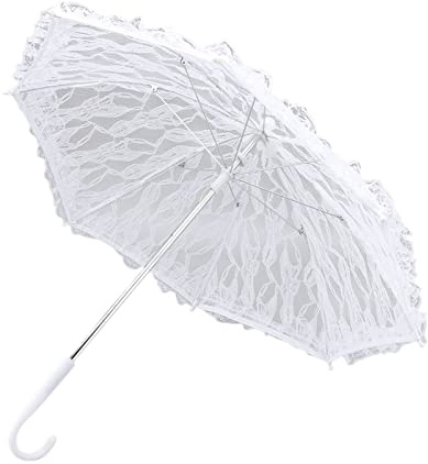 Vit spets Parasoll Paraply J Handtag |Elegant brudparaply för bröllopsfoton/Festdekoration/Bal |Vintage parasoll med ribbor i rostfritt stål |Lättvikt 3,7 oz