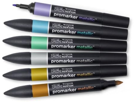 Winsor & Newton 0290135 ProMarker Metallic, Professioneller Layoutmarker - 2 Spitzen, fein und breit für Zeichnungen, Design und Layouts - 6 Metallic Farben im Set
