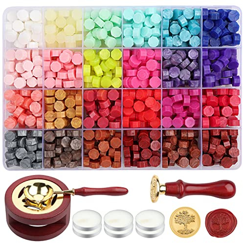 Xiangmall Sigillo Ceralacca Set 600 Pezzi Perline Ceralacca Kit Retro Sigillo di Cera Ottagonali con Timbri Scalda Ceralacca Candele da Tè Cucchiaio Per Matrimonio Buste Cartoline Regalo Festival