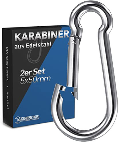 GARSIDURO® Edelstahl Karabiner | 2er Set 5x50 mm | Karabinerhaken DIN 5299 rostfrei | Feuerwehr-Karabiner mit Schnappverschluss geeignet als Schlüsselanhänger oder für Schwerlast und Hundeleine