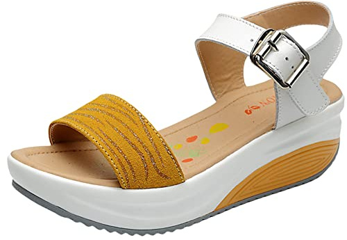CRETUAO Sandales à Semelles épaisses pour Femmes Chaussures à Bascule Classiques à Bout Ouvert Sandales de Plage décontractées en Plein air,Jaune,38 EU