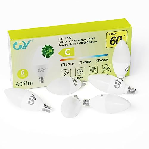 GY E14 LED Kaltweiss Lampe 4.9W 6500K 807 Lumen Kaltweiß Leuchtmittel,C37 Kerze Energiesparlampe 50W lampe ersetzt,Nicht Dimmbar LED Birnen,6 stück [Energieeffizienzklasse C]