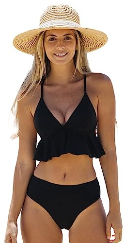 TOEECY Costume Donna Due Pezzi Bikini Set con Top a Volant e Slip Vita Alta Costumi Mare Bikiniset Elegante Tankini Modellante Costume Contenitivo Senza Segno Abbronzatura