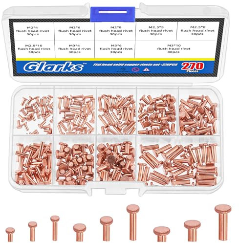 Glarks 270 rivetti solidi a testa piatta M2 M2.5 M3, 9 dimensioni, in metallo e rame, rivetti solidi per applicazioni elettriche, forniture per la lavorazione della pelle