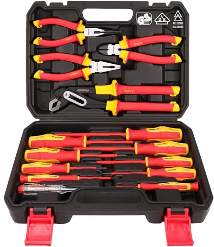 Insulated Screwdriver & Pliers Set: 14-Piece VDE Insulated Set 1000V Insulated Electrician Tool Set with Magnetic Phillips, Slotted Screwdrivers and Insulated Pliers