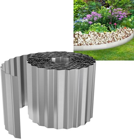YUENFONG Flexibel gräskant, rabattkant 5 m metall galvaniserad rabattkant, trädgårdsdekoration, 15 cm höjd palisad klippkant, 500 cm x 15 cm, silver