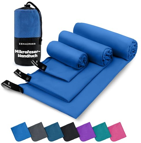 ZENACROSS Mikrofaser Handtuch 3er Set mit Transportbeutel - Schnelltrocknendes und vielseitiges Fitness Handtuch - Sporthandtuch Größen - XS, S, M - Blau