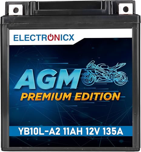 Electronicx, AGM, Motorradbatterie YB10L-A2 12V 11Ah Starterbatterie wartungsfrei versiegelt AGM-Technologie 135A CCA- Roller, Quad, ATV- kompakt vibrationsfest auslaufsicher- sofort einsatzbereit.