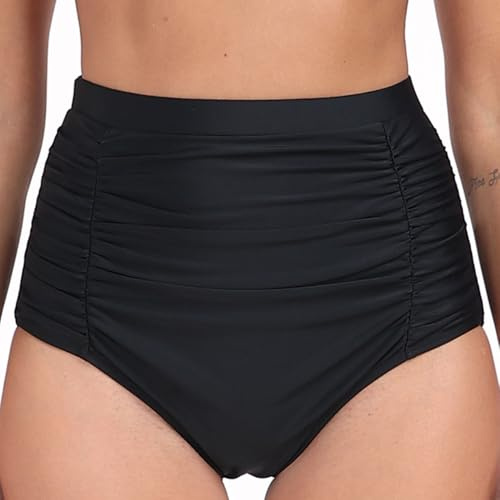 Joweechy Womens High Waisted Bikini Bottoms Tummy Control Swim Briefs Solid Ruched Swim Shorts Swimwear XL,Black